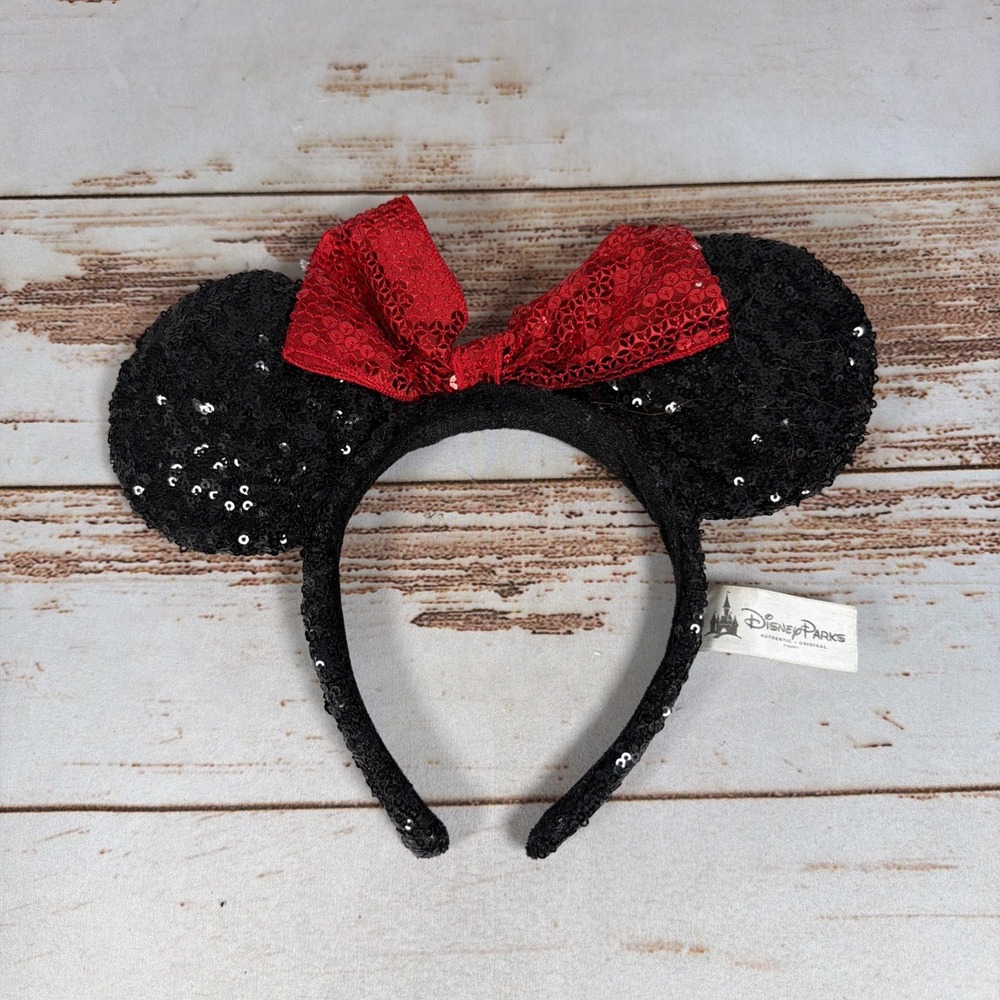 Disney Parks Minnie Mouse Sequin Ears Headband Black Ears Red Bow Costume Hat